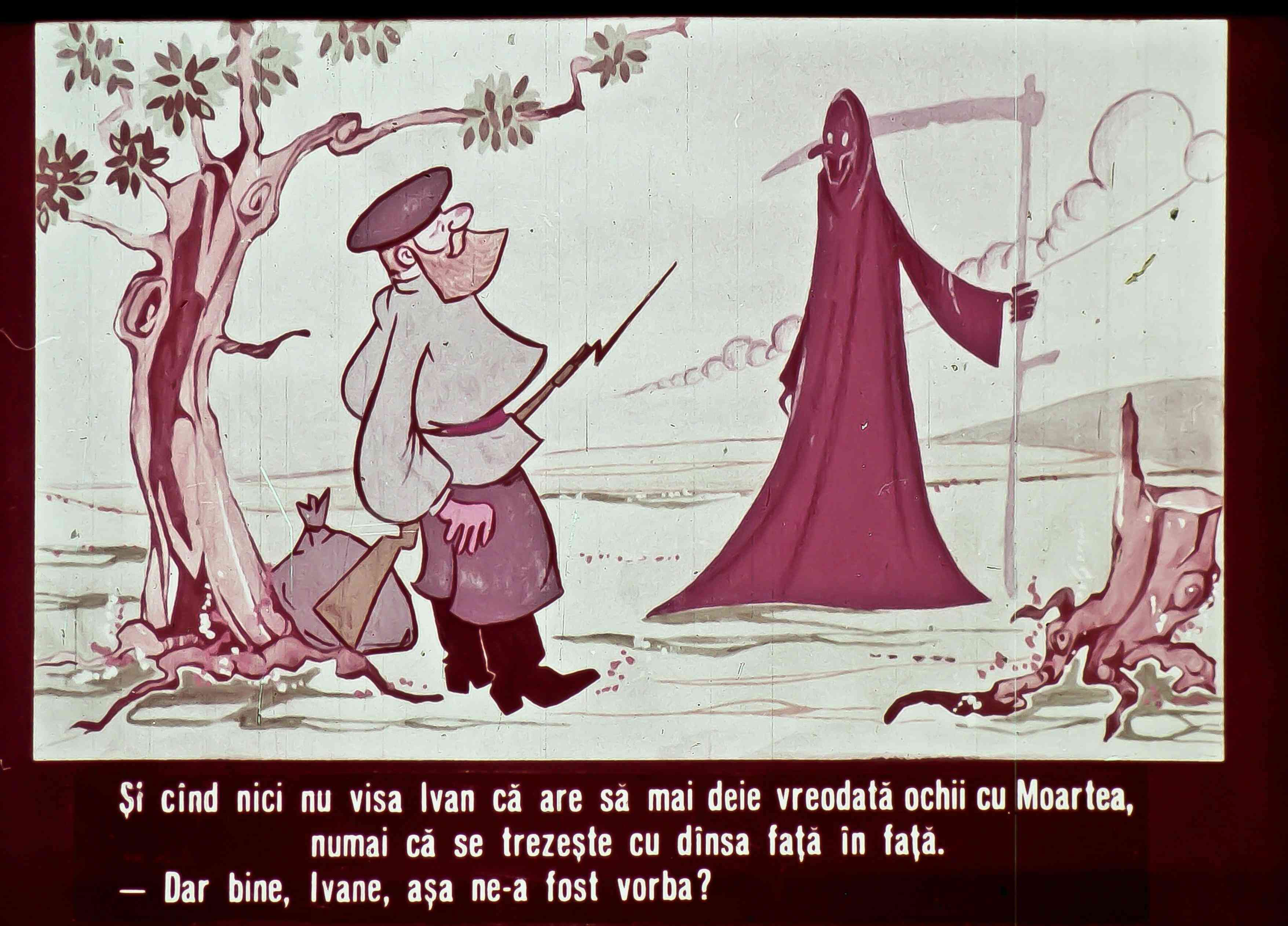 Ilustrație cu un bărbat și o figură misterioasă în peisaj, care discută despre o întâlnire neașteptată.