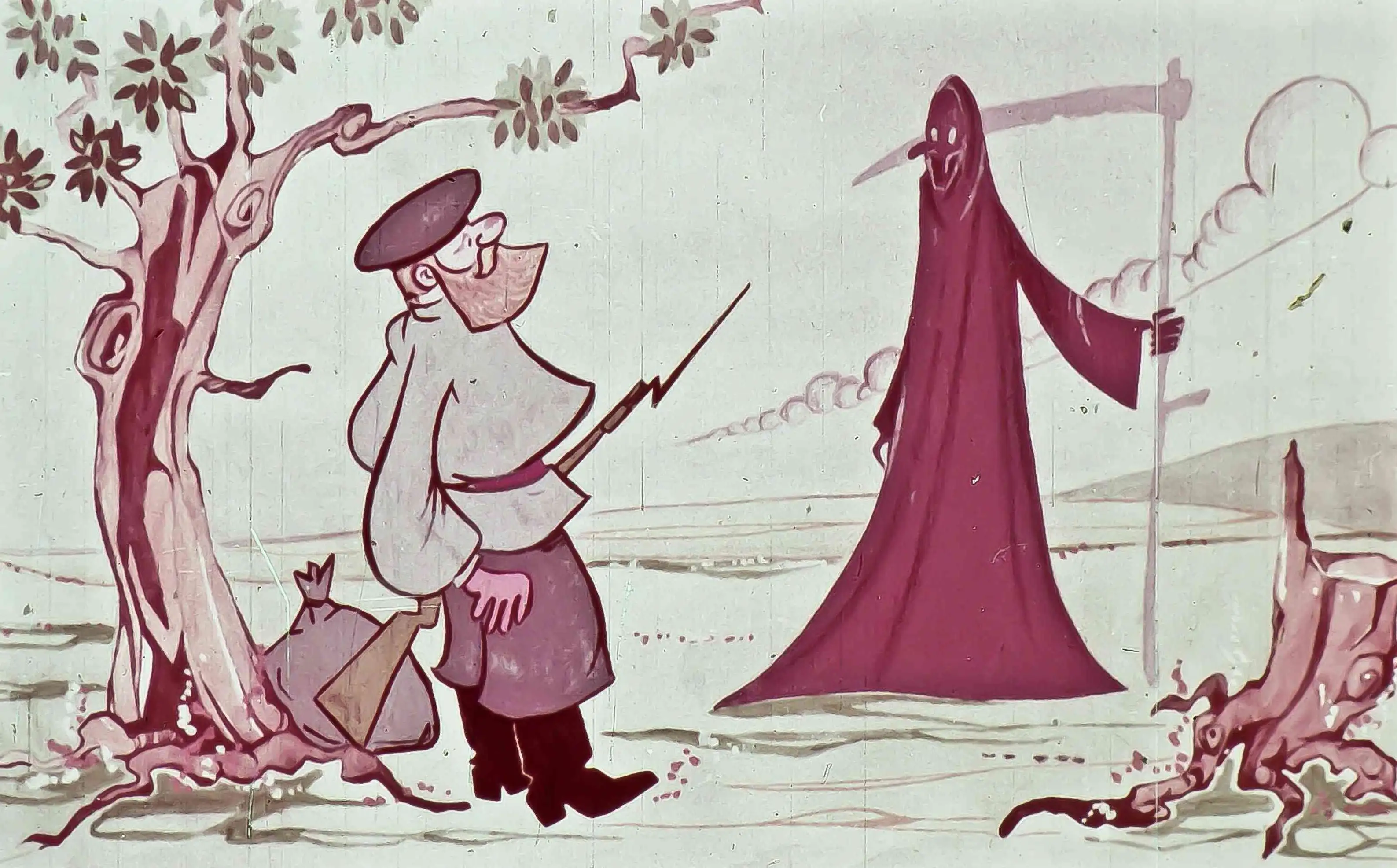 Ilustrație cu un bărbat și o figură misterioasă în peisaj, care discută despre o întâlnire neașteptată.