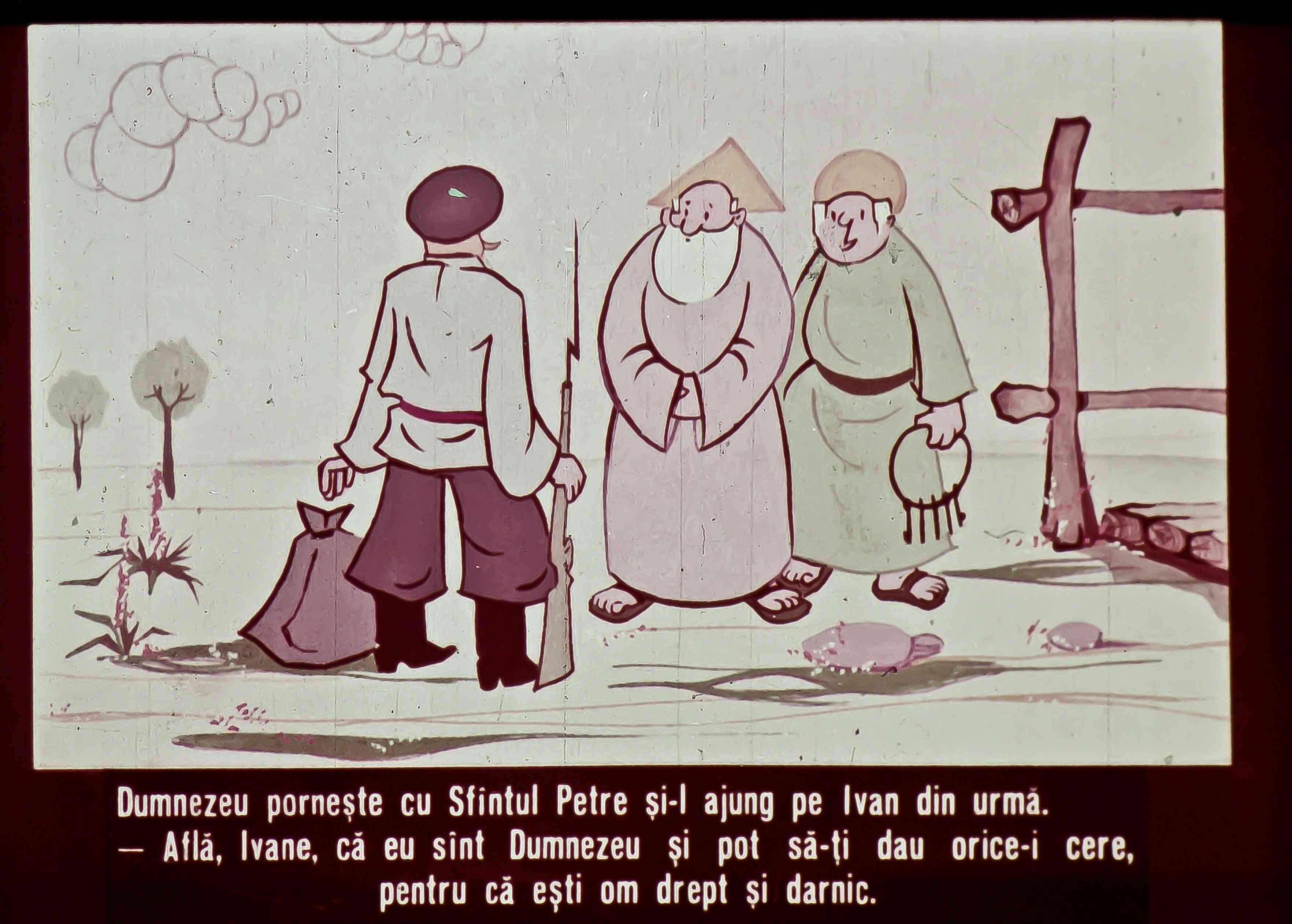 Două personaje discută cu un bărbat care are un sac în mână, într-o peisaj de natură.