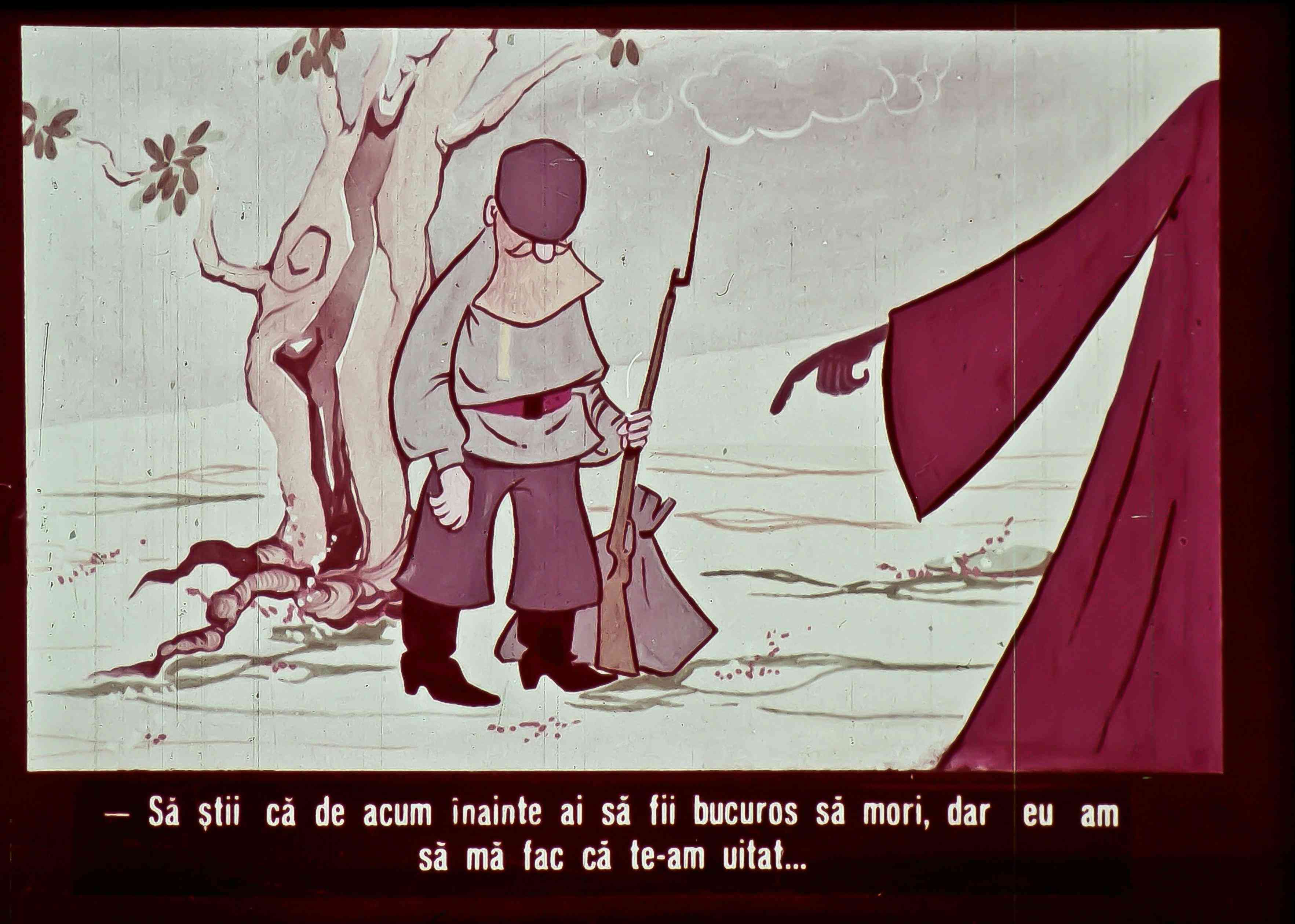 Imagine cu un personaj care vorbește despre acceptarea morții, având un peisaj simplu și un alt personaj în fundal.