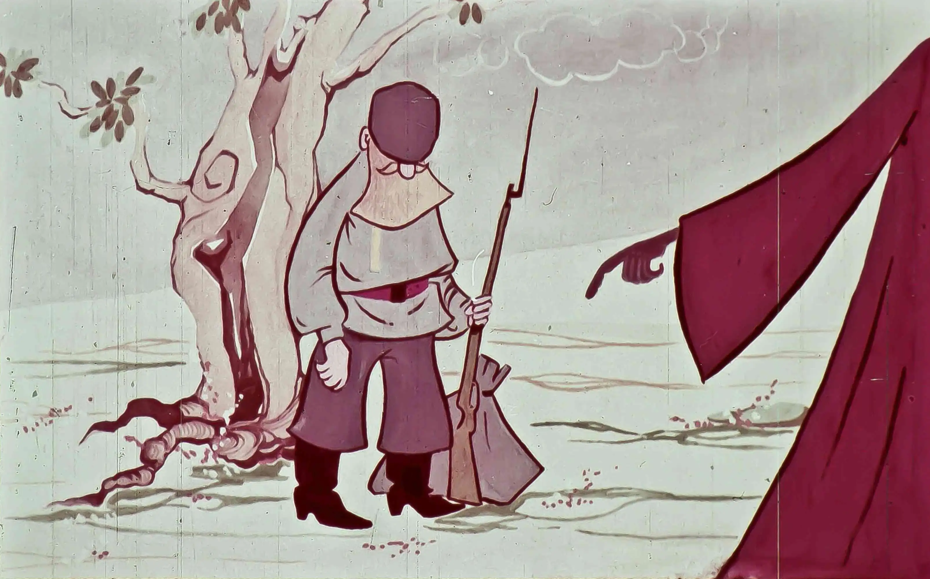 Imagine cu un personaj care vorbește despre acceptarea morții, având un peisaj simplu și un alt personaj în fundal.