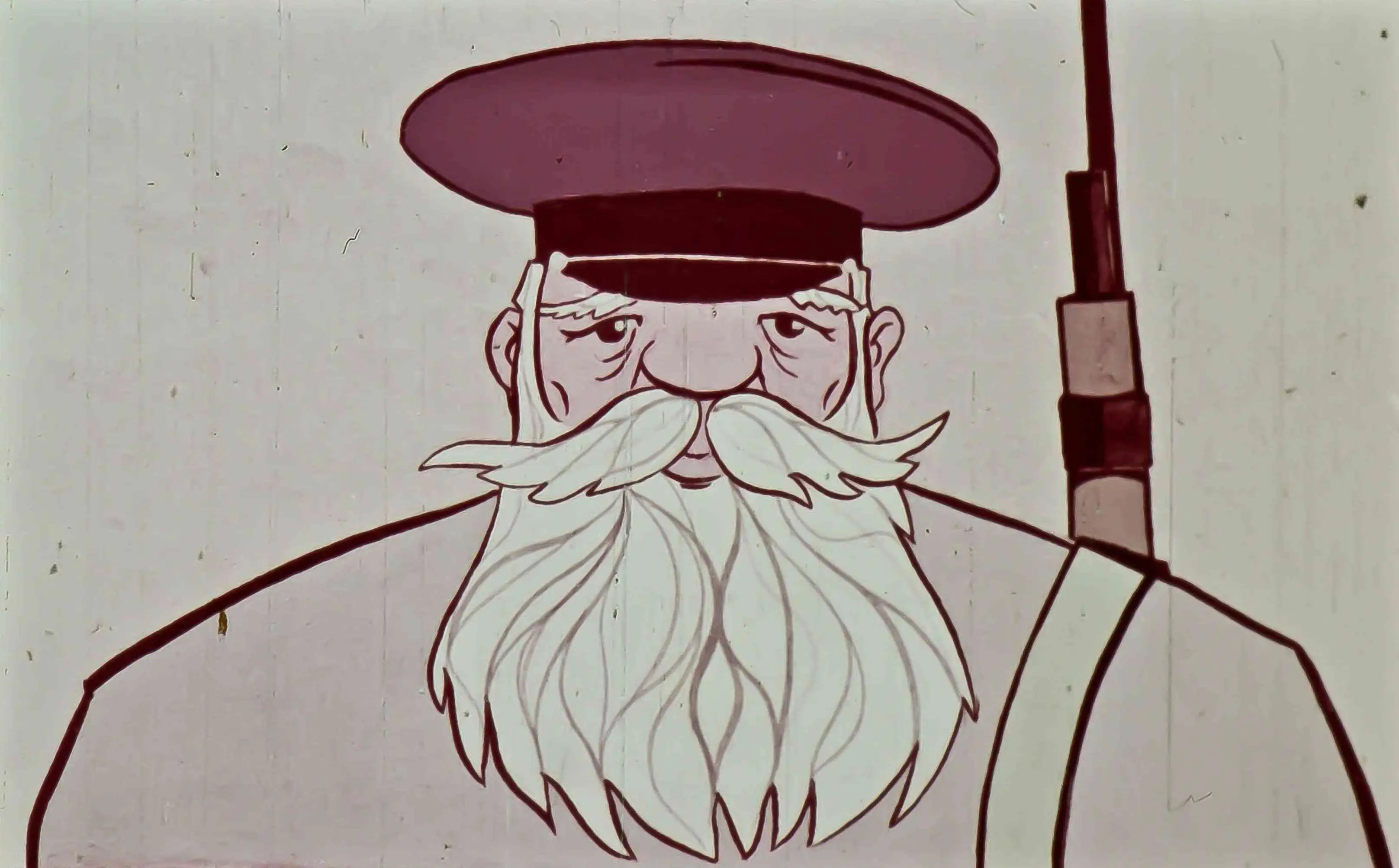 Imagine animată cu un bărbat bătrân, cu mustață și barbă, purtând o uniformă, care transmite o poveste despre un personaj legendar.