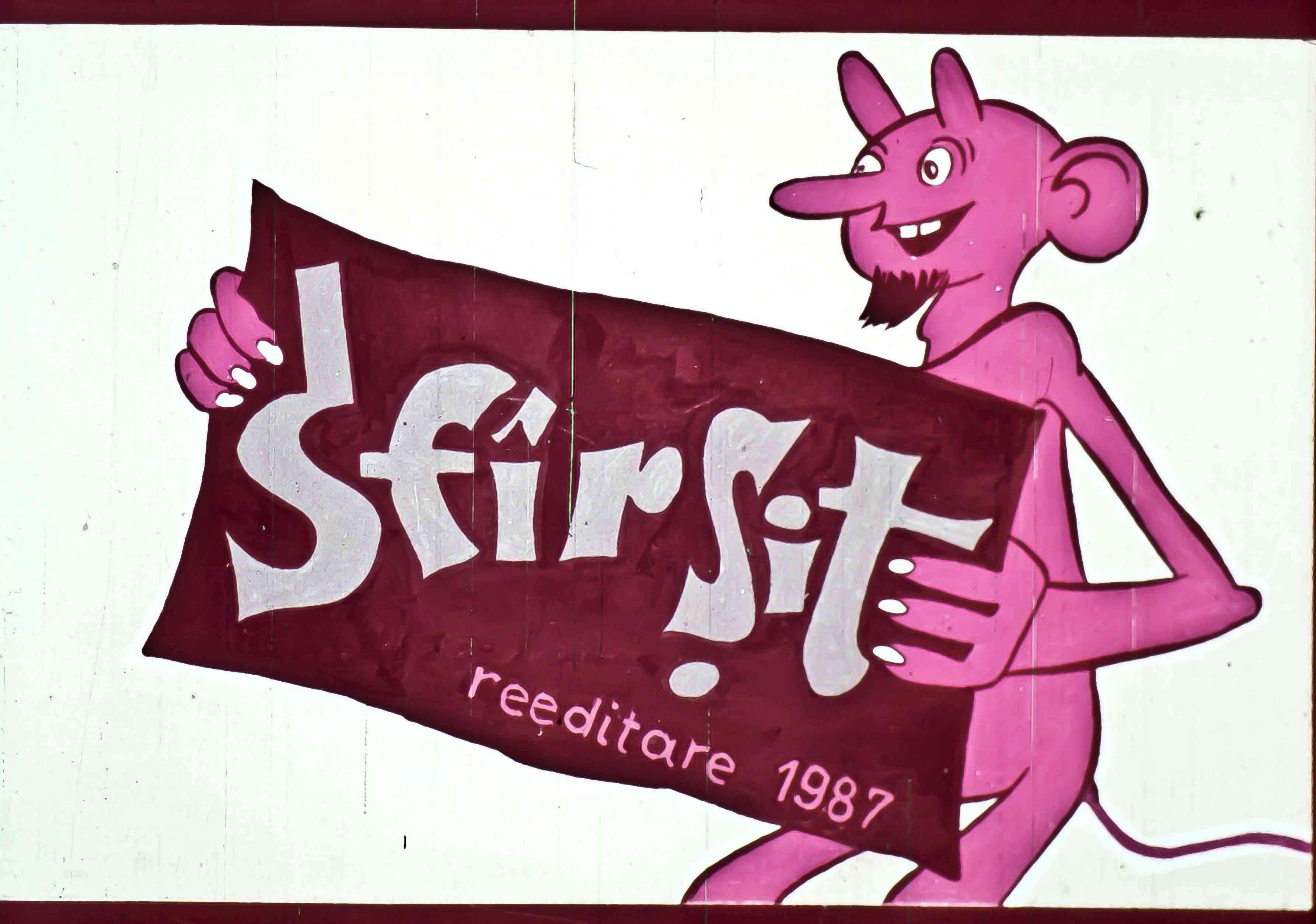 Ilustrație cu un personaj roz ținând un banner cu cuvântul 'Sfârșit' și anul '1987'.
