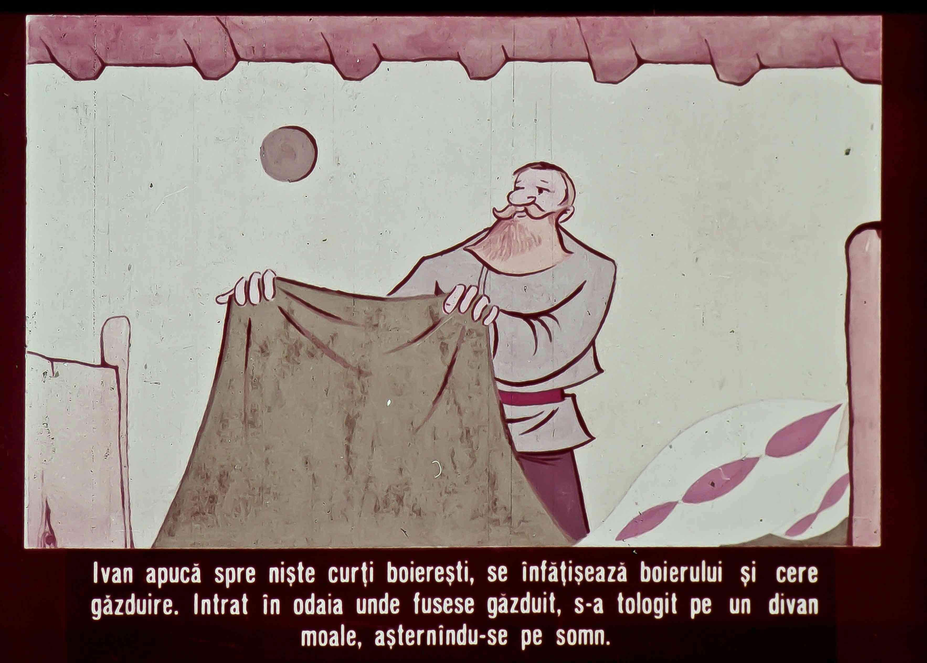 Ilustrație cu un bărbat care cere găzduire, având un peisaj rustic în fundal.