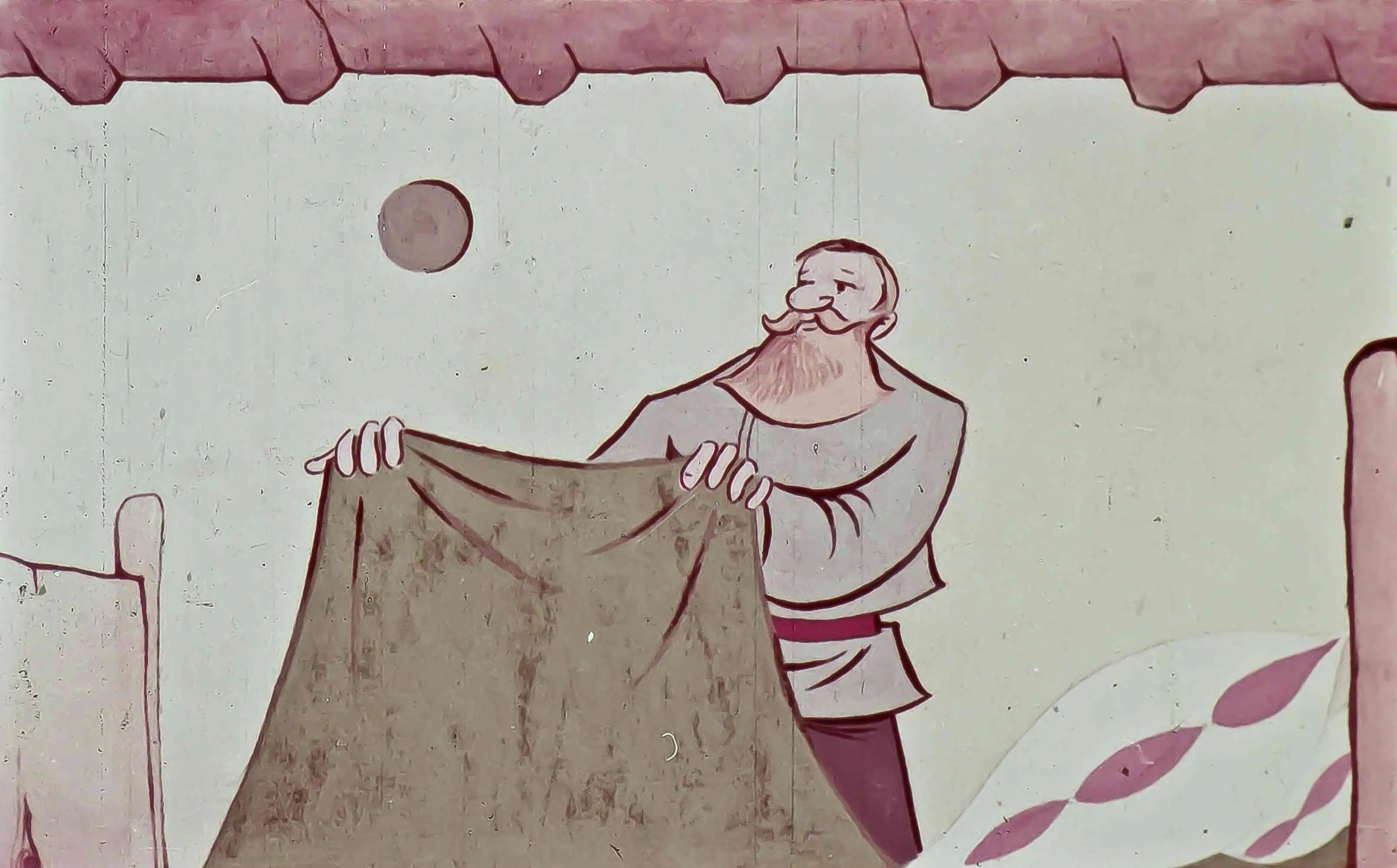 Ilustrație cu un bărbat care cere găzduire, având un peisaj rustic în fundal.