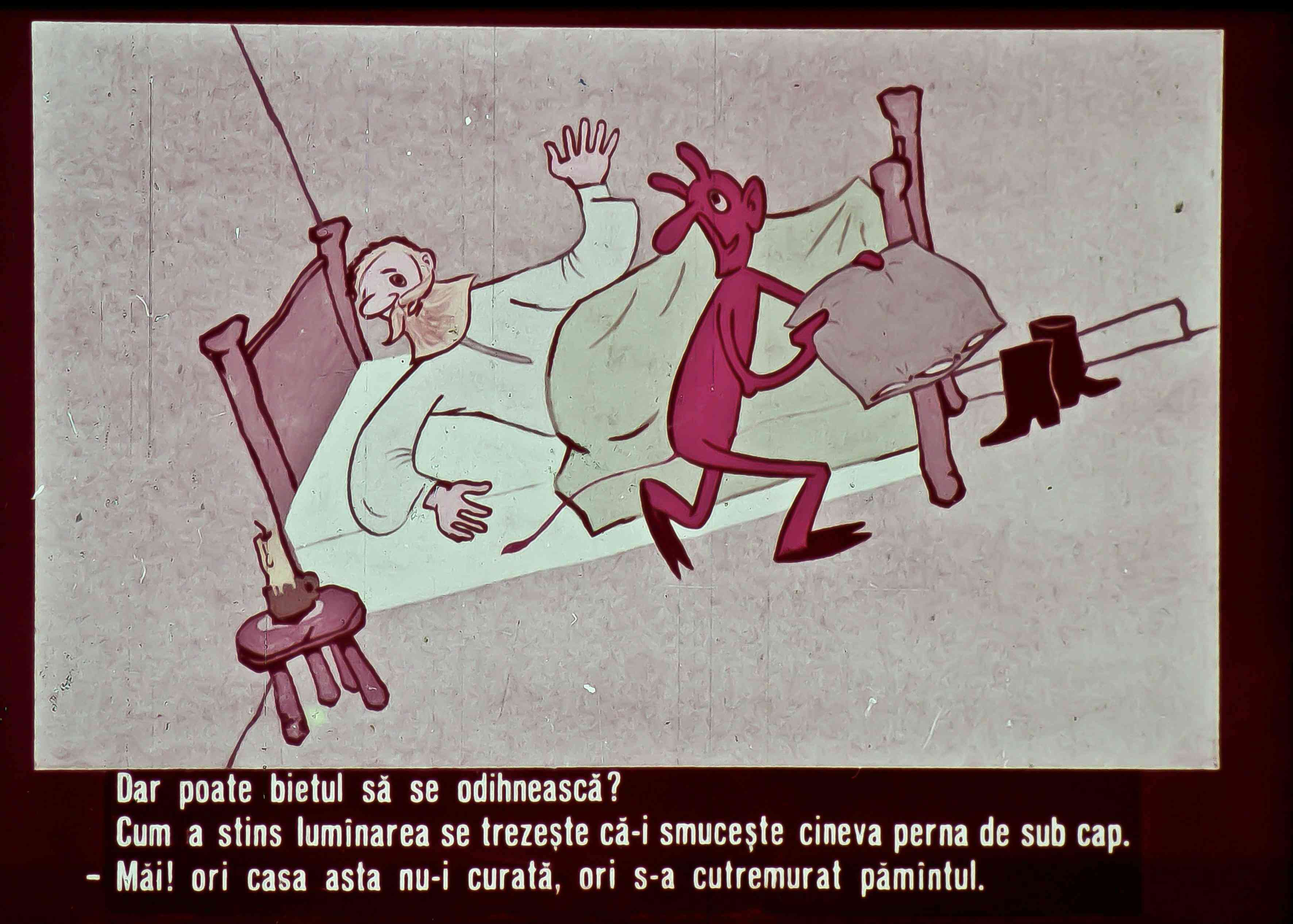 Ilustrație animată cu un bărbat în pat și un personaj colorat lângă el, discutând despre odihnă și semne de neliniște.