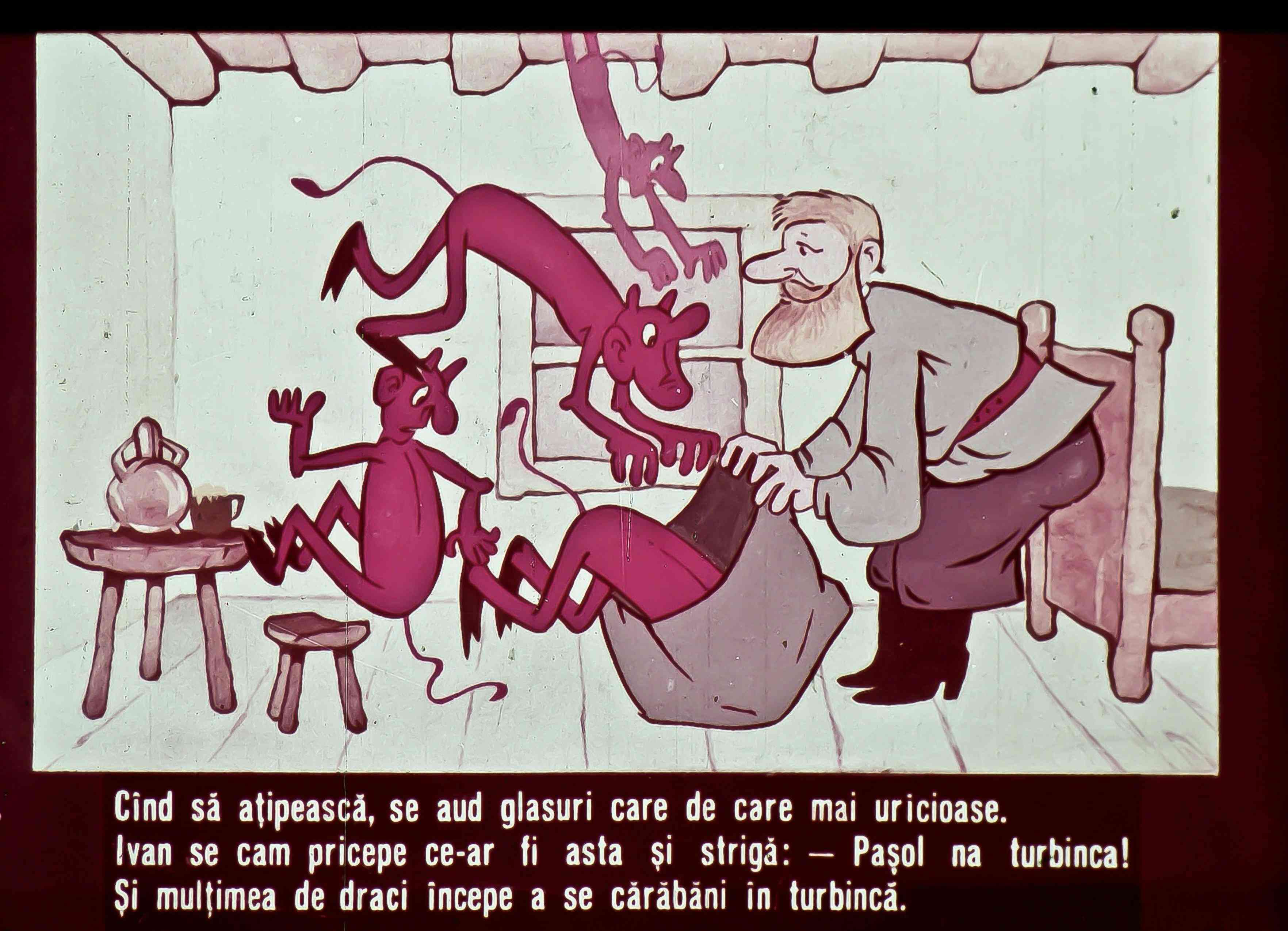 Ilustrație animată cu un bărbat și draci într-o scenă de poveste, exprimând o stare de confuzie și teamă.