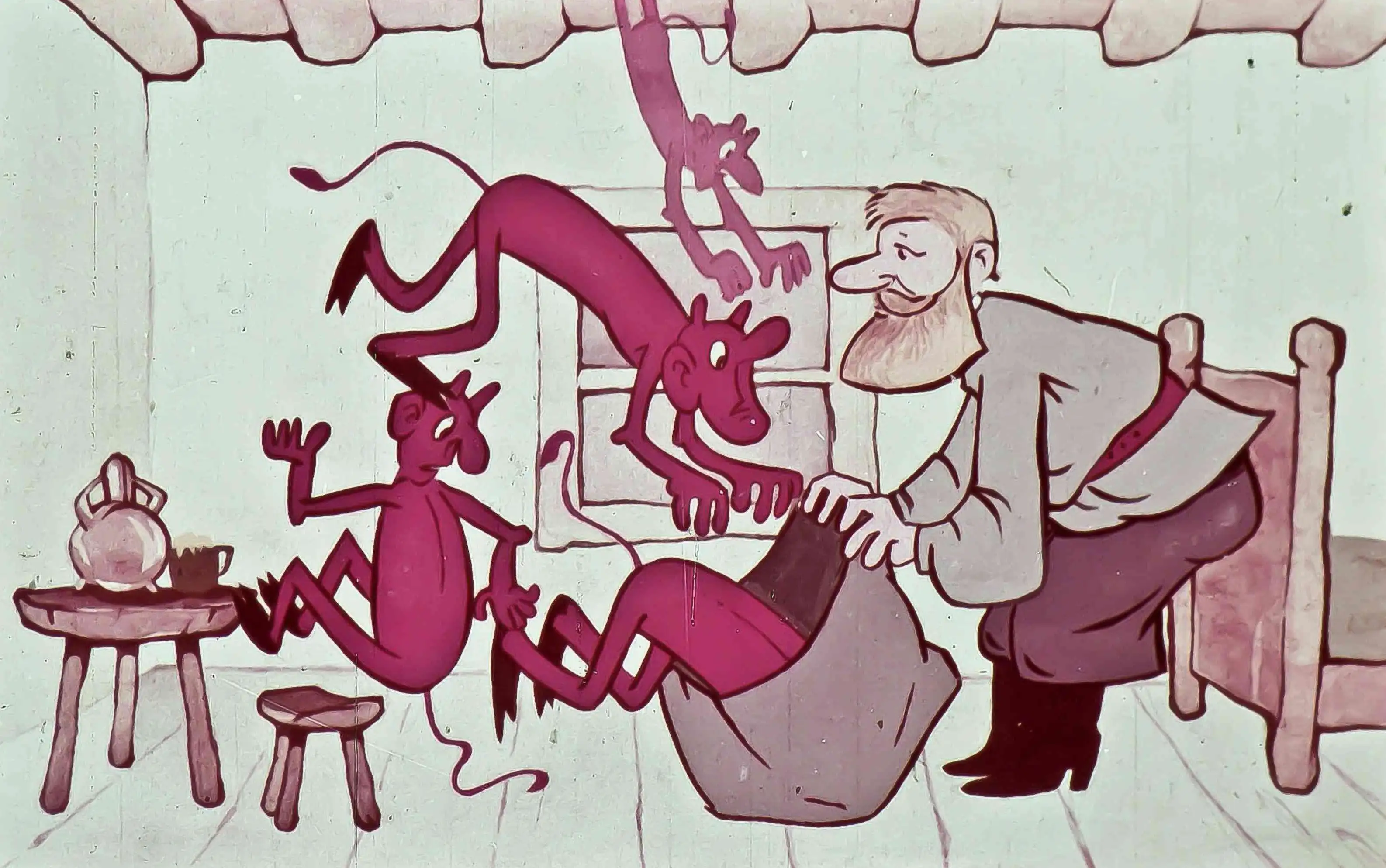 Ilustrație animată cu un bărbat și draci într-o scenă de poveste, exprimând o stare de confuzie și teamă.