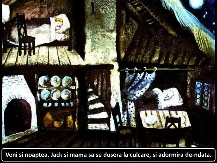 Ilustrație a unei camere de noapte cu două paturi și decor rustic, în care Jack și mama sa se pregătesc de culcare.
