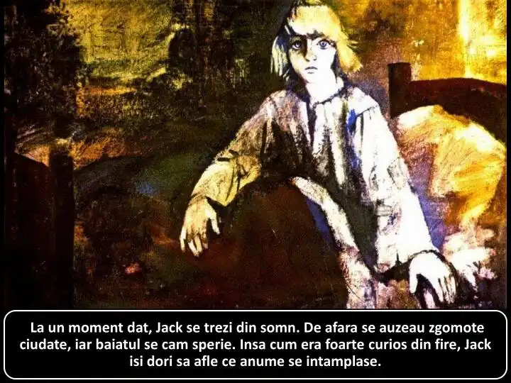 Ilustratie care prezinta un baiat trezindu-se din somn, in timp ce afara se aud zgomote ciudate.