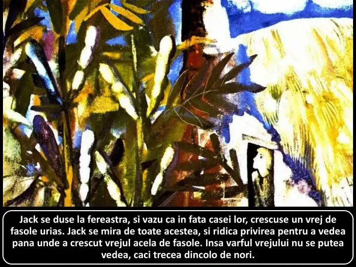 Imagine artistică cu un peisaj colorat și un vrej de fasole care se întinde în sus, ilustrarea unei povești.