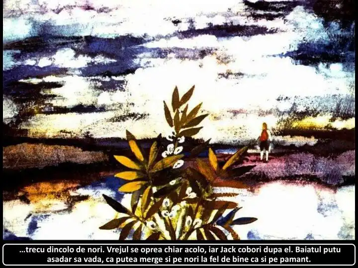 O ilustrație colorată cu un peisaj abstract, în care un băiat stă departe, lângă o plantă, privind spre cer. Secvența sugerează o poveste fantezistă despre explorare.