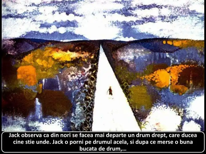 Imagine abstractă cu un peisaj natural, în care un drum alb se întinde pe un fundal plin de culori, reprezentând o narativă despre călătorie și descoperire.