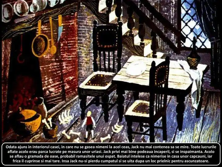 Ilustrarea unei scene dintr-un interior al unei case, cu detalii precum scaune, masa, oale si o figura mica, in contextul povestii lui Jack.