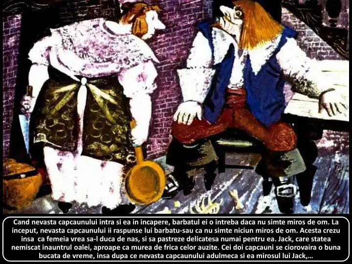Ilustrație care arată o scenă dintr-o poveste, cu un bărbat și o femeie în interiorul unei încăperi, cu un fundal artistic.