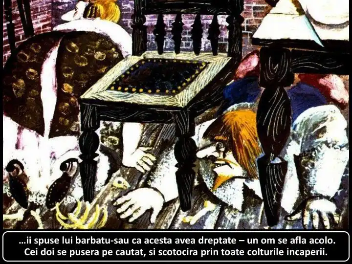 Imagine artistică cu oameni care caută ceva în încăpere, cu text descriptiv la baza imaginii.