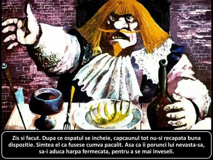 Ilustrație a unui personaj cu părul lung și o expresie dramatică, discutând despre o situație într-un cadru de festivitate.
