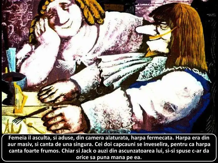Ilustrație cu doi personaje care ascultă o harpa fermecată din camera alăturată, descrierea momentului fiind captivantă.