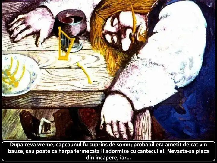 Text în limba română despre un capcanu care adoarme la masă, cu referințe la vin și o harpa fermecată.