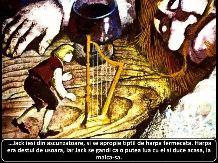 Imagine cu un băiat care se apropie de o harpa fermecată într-o atmosferă de poveste.