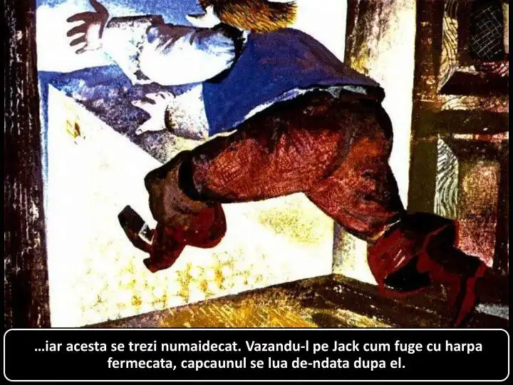 Ilustrarea unei scene dintr-o poveste, cu un personaj care iese pe fereastra.