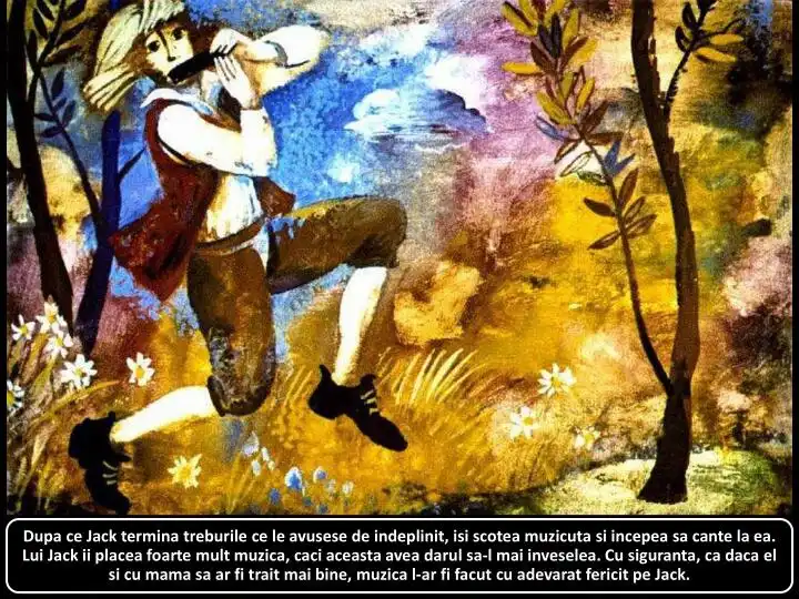 Imagine cu un personaj care cântă la muzicuță într-un peisaj colorat, ilustrare a unei povești despre bucuria muzicii.