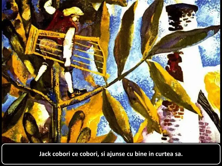 Ilustrație colorată cu un personaj care coboară pe o ramură, însoțită de text.