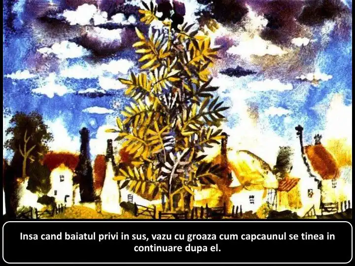Imagine colorată cu un copac mare și case, textul descriind o scenă de groază unde un băiat observă un capcaun.
