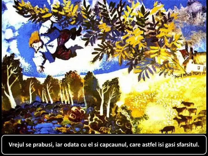 Text scris pe un fundal de artă care descrie o cădere și o întâlnire a unui personaj cu un capcaun.