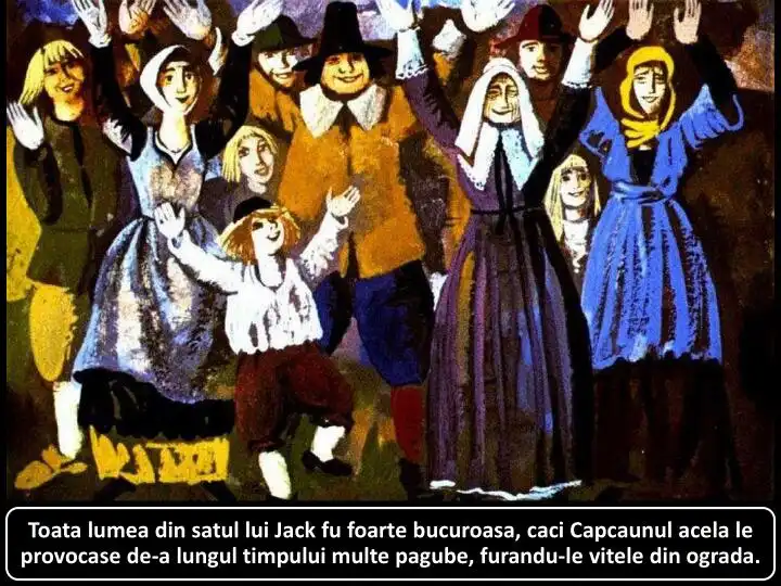 Ilustrație cu oameni veseli și bucuroși dintr-un sat, cu text descriptiv în partea de jos.