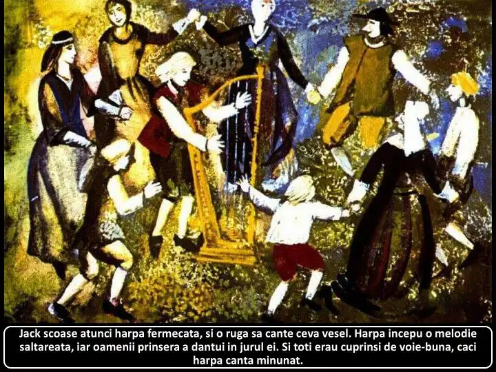 Ilustrație a unei petreceri tradiționale, cu oameni dansând în jurul unei harpe, evocând o atmosferă de bucurie și magie.
