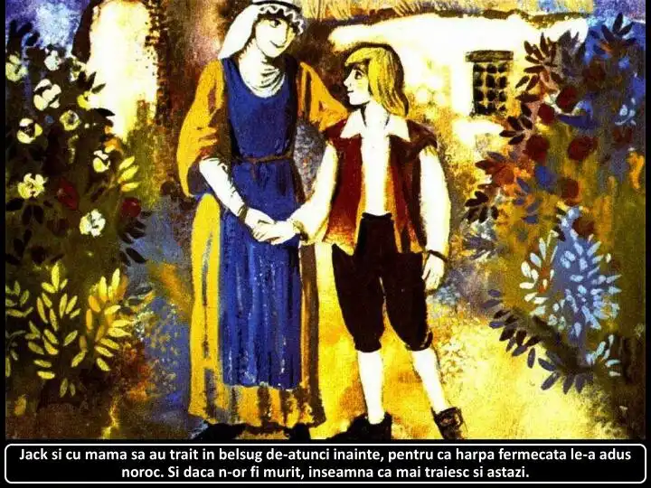 Ilustratie cu doi personaje, un baiat si o femeie, tinandu-se de mana in fata unei case, inconjurati de plante si flori, evocand o poveste fantastica.