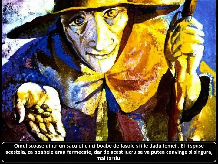 Ilustrație artistică a unui bărbat care oferă cinci boabe de fasole unei femei.