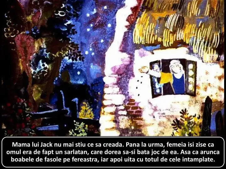 Ilustrație colorată cu o scenă de poveste, în care o femeie își exprimă uimirea la fereastră, înconjurată de vegetație sub un cer înstelat.
