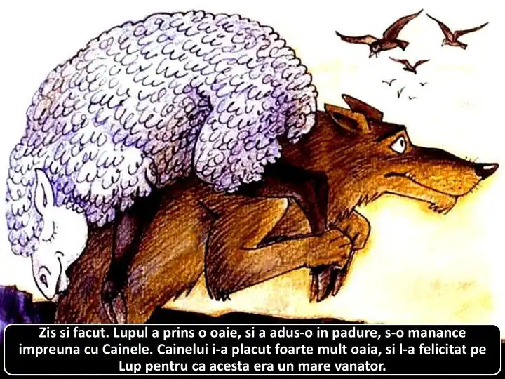 Ilustratie cu un lup si o oaie intr-o padure, lupul avand oaia pe spate, iar in fundal zbor de pasari.
