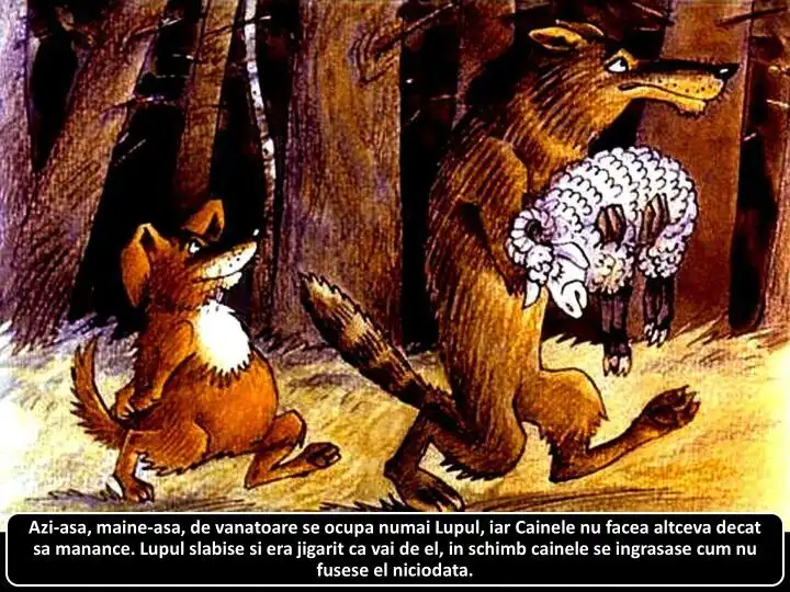 Ilustratie cu un lup slab si un caine ingrasat, cu un fundal de padure, insotita de text despre vanatoare.