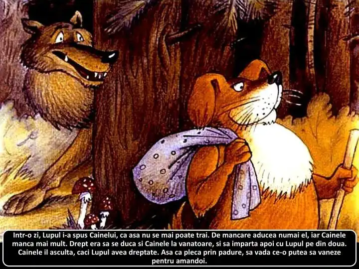 Ilustrație animată cu un lup și un câine în pădure, reflectând un dialog despre vânătoare și împărțirea hranei.