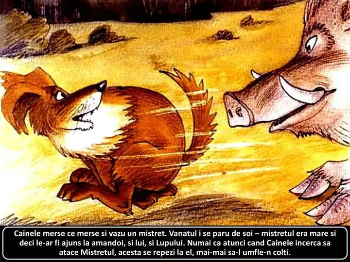 Ilustrație cu un câine care se confruntă cu un mistreț în pădure.