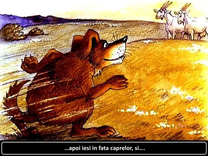 Ilustrație cu un câine care aleargă spre capre într-un peisaj de câmpie.