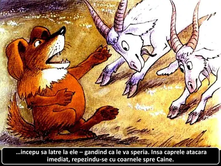 Ilustrație a unui câine care latră la două capre, pe un fundal natural.