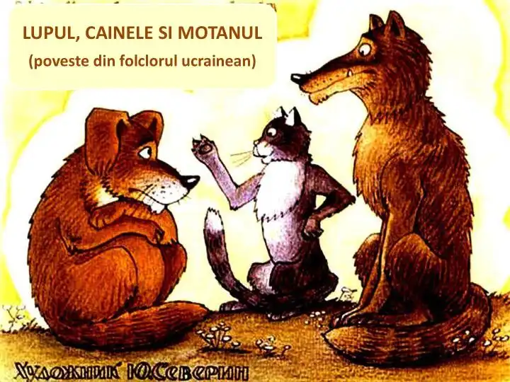 Ilustrație cu un lup, un câine și un motan, având un titlu și o descriere a unei povești din folclorul ucrainean.