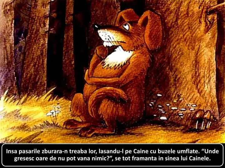 Ilustrație cu un câine trist care se întreabă de ce nu poate vâna nimic, înconjurat de un peisaj de pădure.