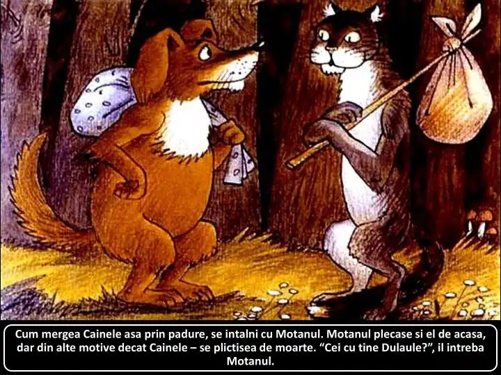 Ilustrație cu un câine și un motan care discută în pădure.