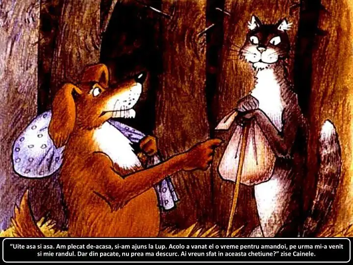 Ilustrație cu un câine care povestește o întâmplare unui alt animal în pădure.