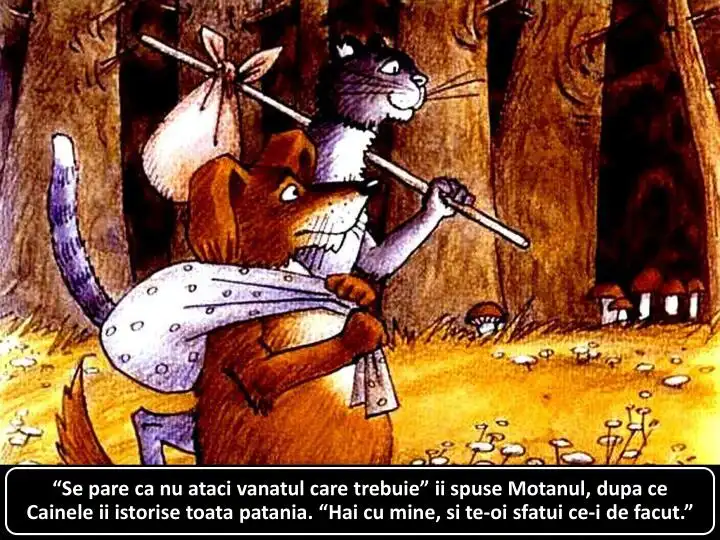 Ilustrație animată cu un câine și o pisică în pădure, câinele poartă un rucsac și se află în dialog cu pisica despre vânătoare.