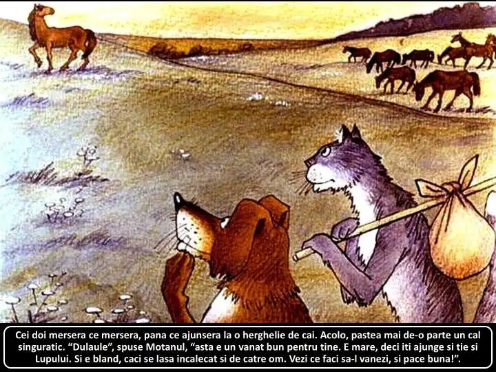 Ilustrare a doi câini și a unui motan discutând despre vânătoare în apropierea unei herghelii de cai.