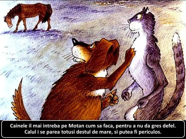 Ilustratie animata care prezinta un caine si un motan discutand despre un cal, intr-un peisaj natural.