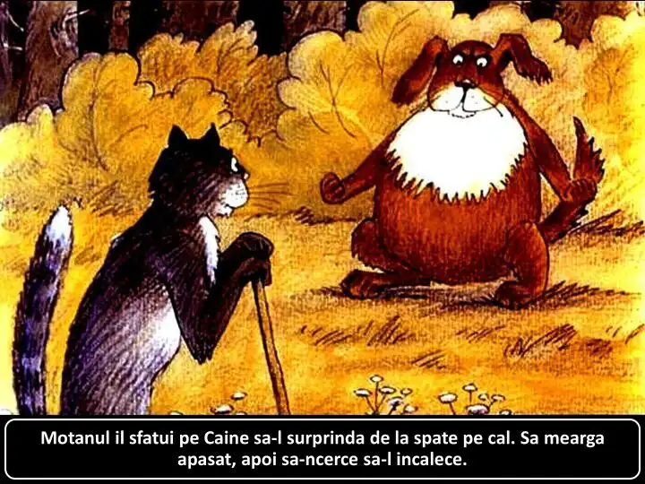 Ilustrație cu un motan care oferă sfaturi unui câine despre cum să surprindă un cal din spate.