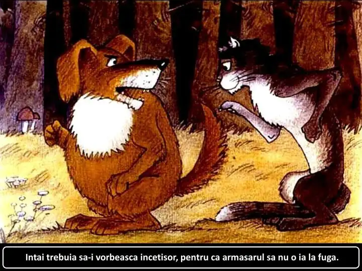 Desen animat cu un câine și o vulpe, în care câinele vorbește cu vulpea, text explicativ despre comunicare.