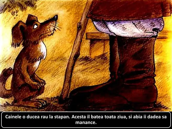 Ilustrație cu un câine care stă lângă un stăpân, descriind o situație tristă în care câinele este abuzat și neglijat.
